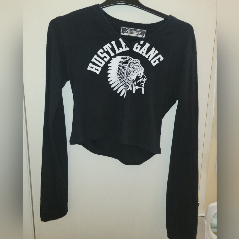 Women's Hustle Gang black long sleeve crop top